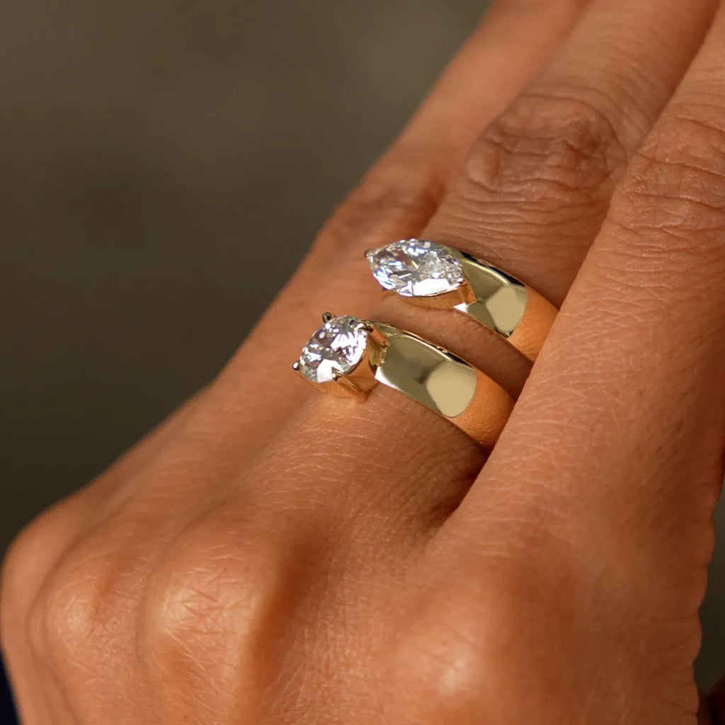 14k Gold 1.00 Carat Lab Grown Diamond Marquise Solitaire Wide Band Ring Solara