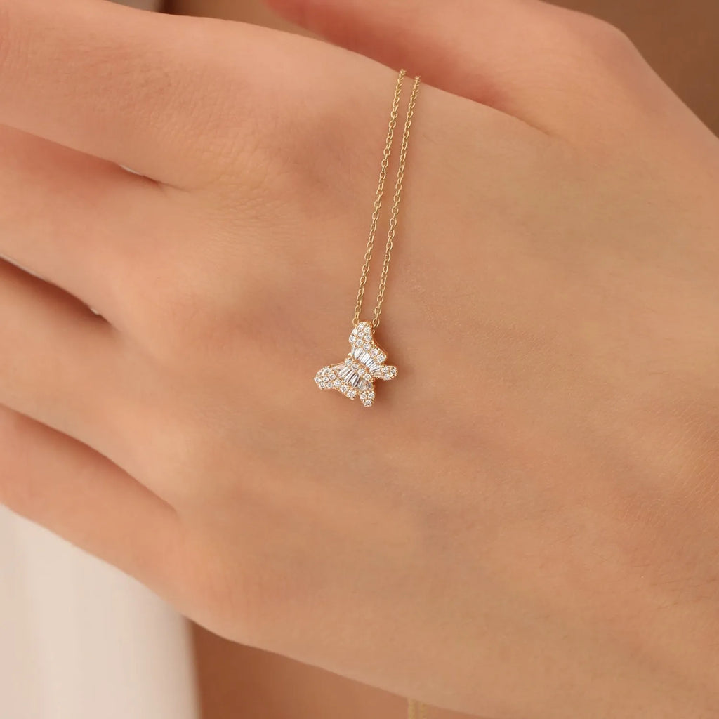 14K Solid Gold Baguette and Round Diamond Butterfly Pendant Necklace 0.26ctw