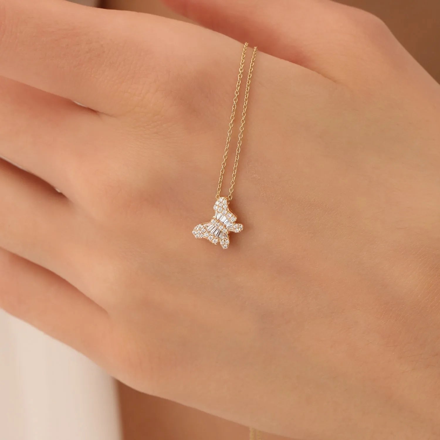 14K Solid Gold Baguette and Round Diamond Butterfly Pendant Necklace 0.26ctw