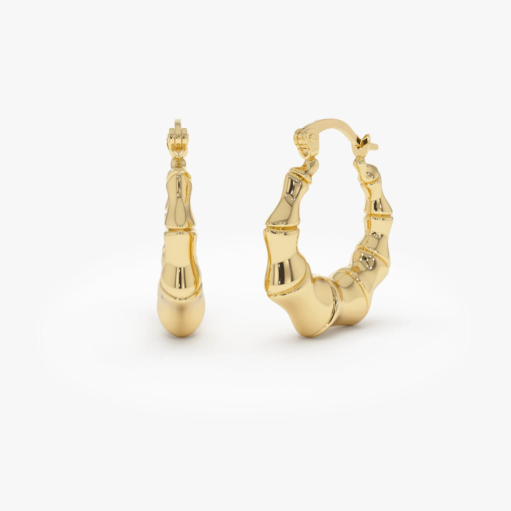 14k Yellow Gold Bamboo Style Hoop Earrings 20mm Outer Diameter