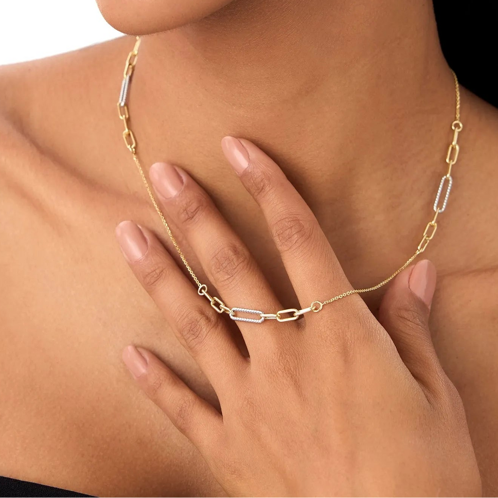 14k Solid Gold Two Tone Rope and Paperclip Link Layering Necklace