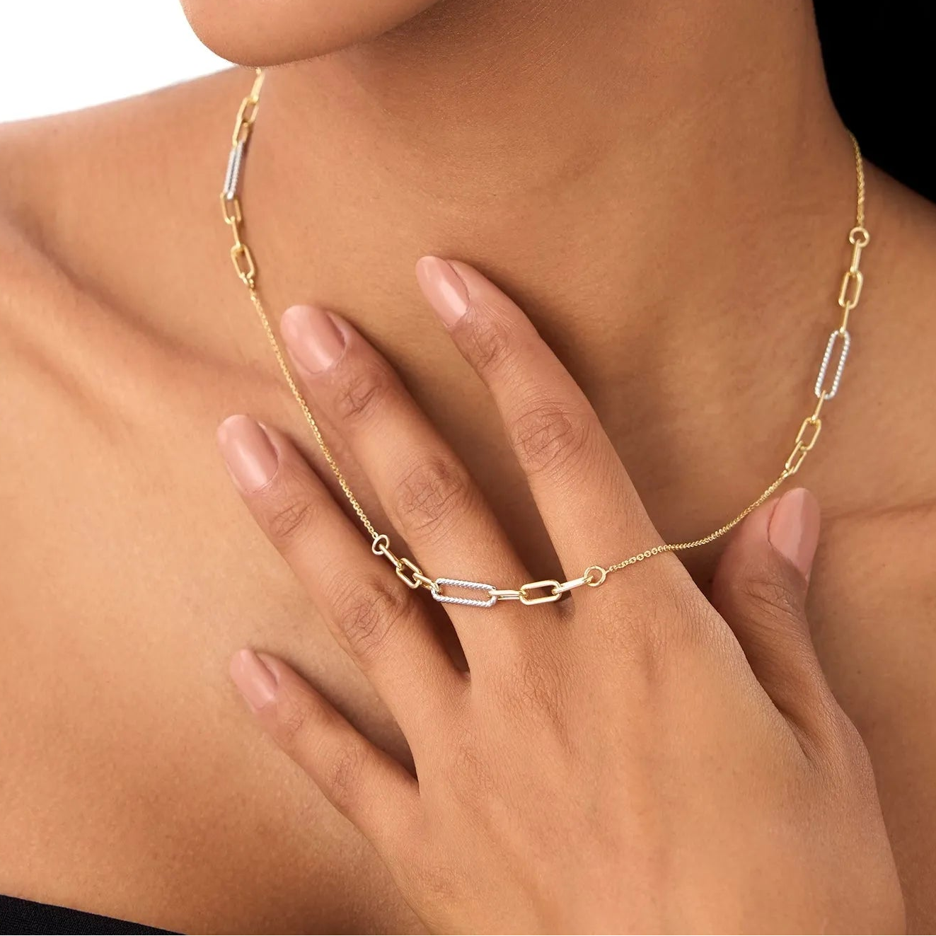 14k Solid Gold Two Tone Rope and Paperclip Link Layering Necklace
