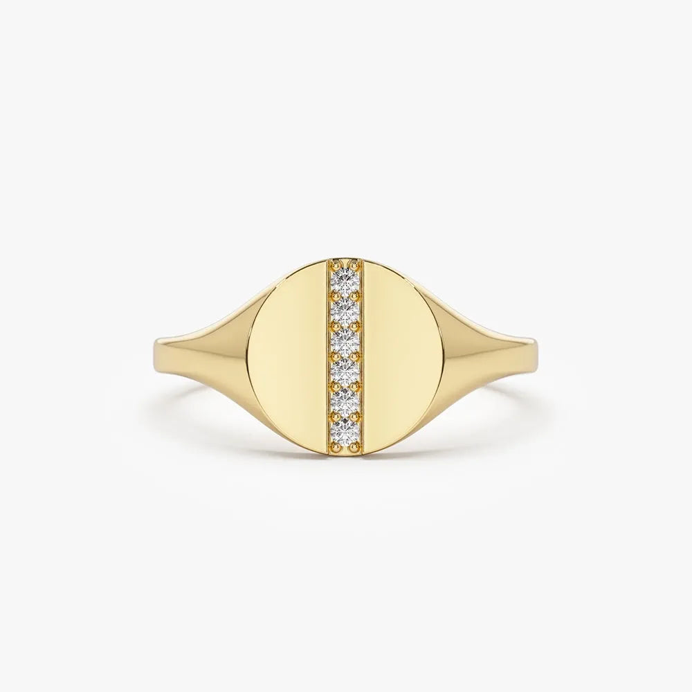 14k Gold Diamond Round Cut Pave Line Signet Pinky Ring 0.07 ctw