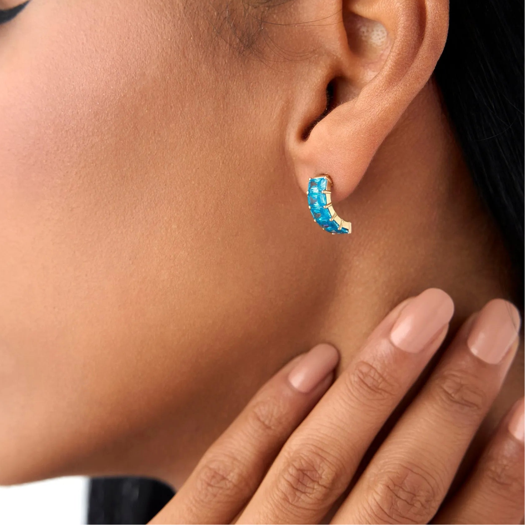 14K Solid Gold Octagon Cut London Blue Topaz Half Hoop Earrings 3.70ctw