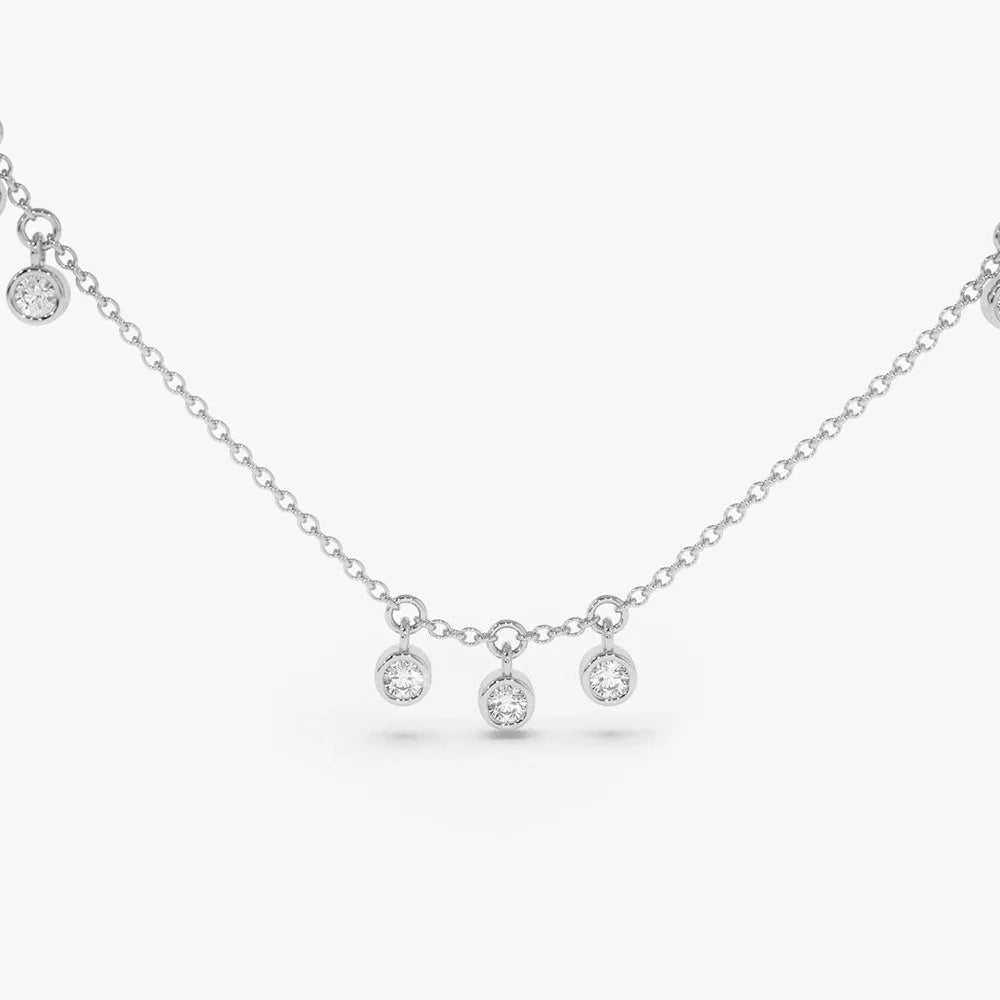 14K Solid Gold Round Diamond 9 Stone Bezel Set Dangle Necklace 0.27ctw