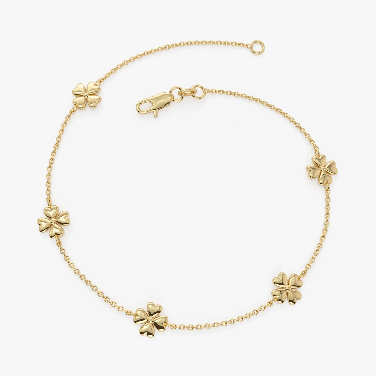 14k Solid Gold Clover Station Link Chain Bracelet with Charms