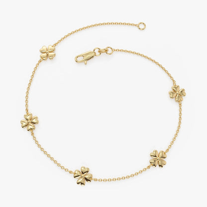 14k Solid Gold Clover Station Link Chain Bracelet with Charms