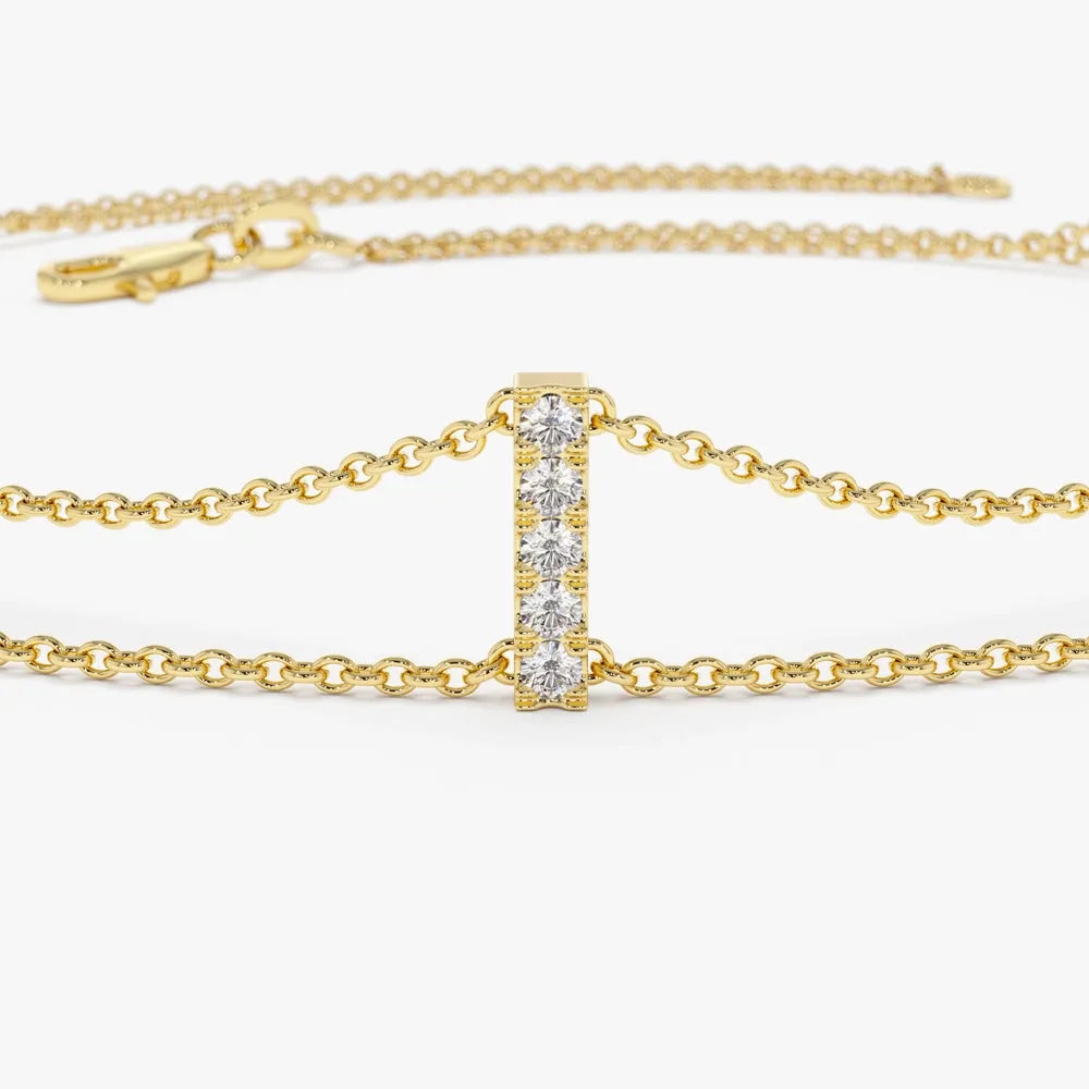 14K Solid Gold 0.15 CTW Round Diamond Five Station Bar Bracelet