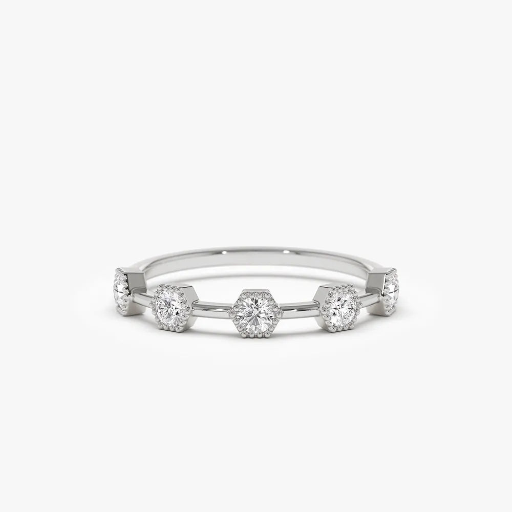 14k Gold Hexagon Milgrain Five Stone Round Diamond Ring 0.32 ctw