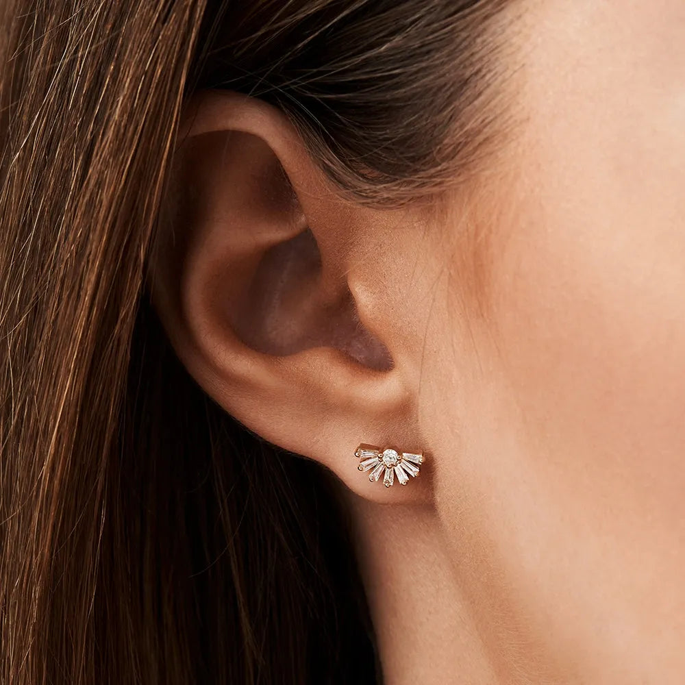 14k Gold Diamond Tapered Baguette Half Round Stud Earrings 0.28 ctw