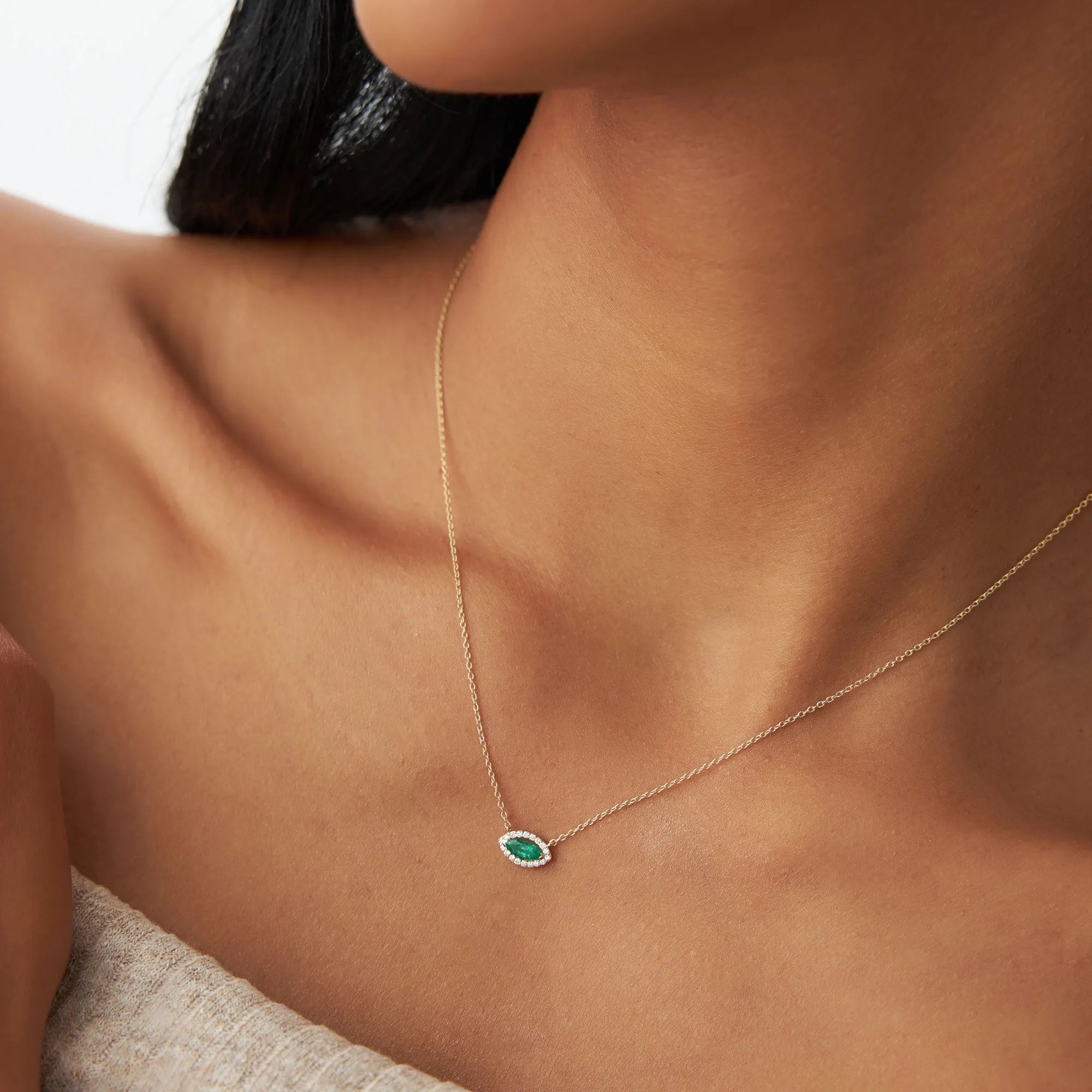 14k Solid Gold Marquise Emerald and Round Diamond 0.30 CTW Halo Pendant Necklace Prong Setting