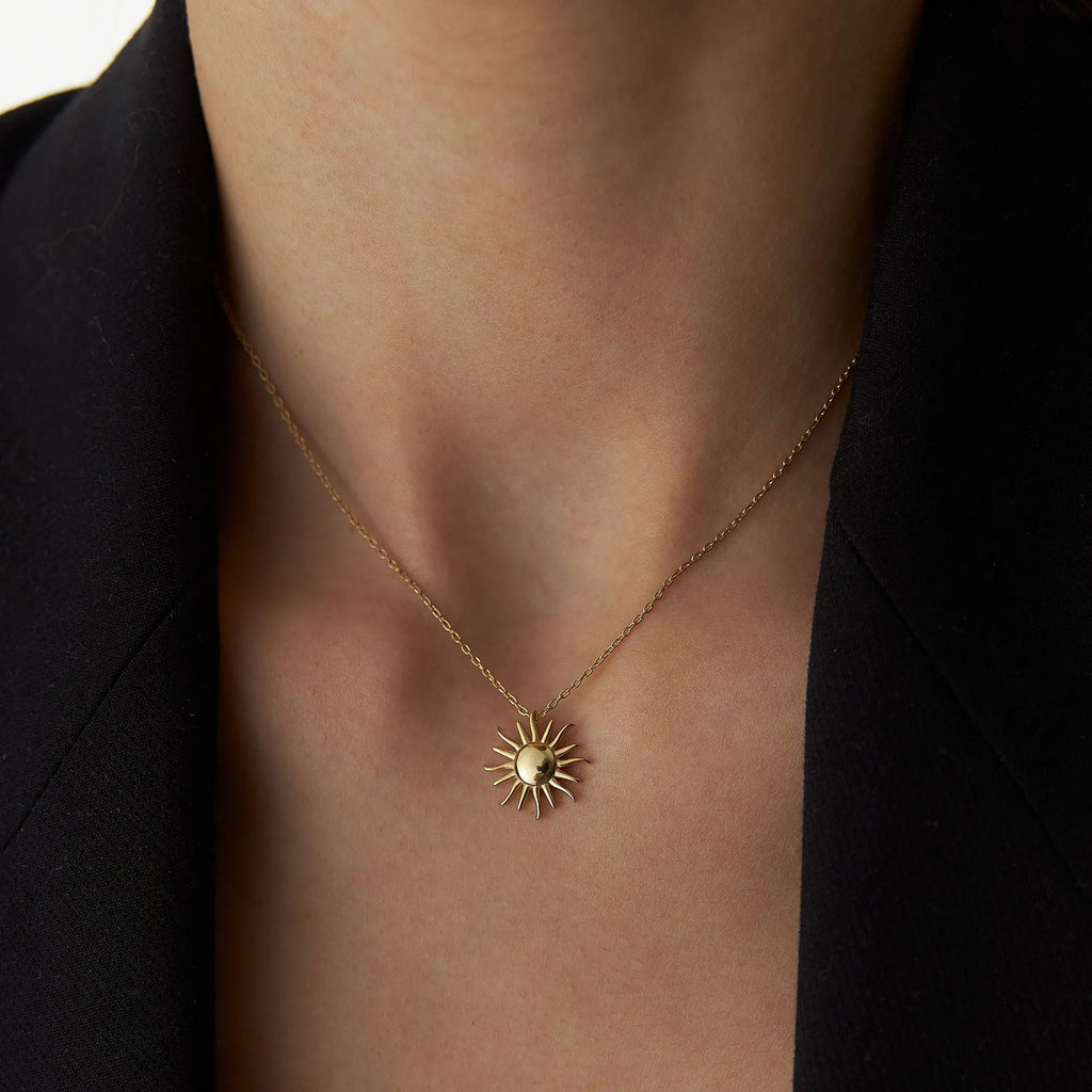 14k Solid Gold Glowing Sun Celestial Charm Pendant Necklace