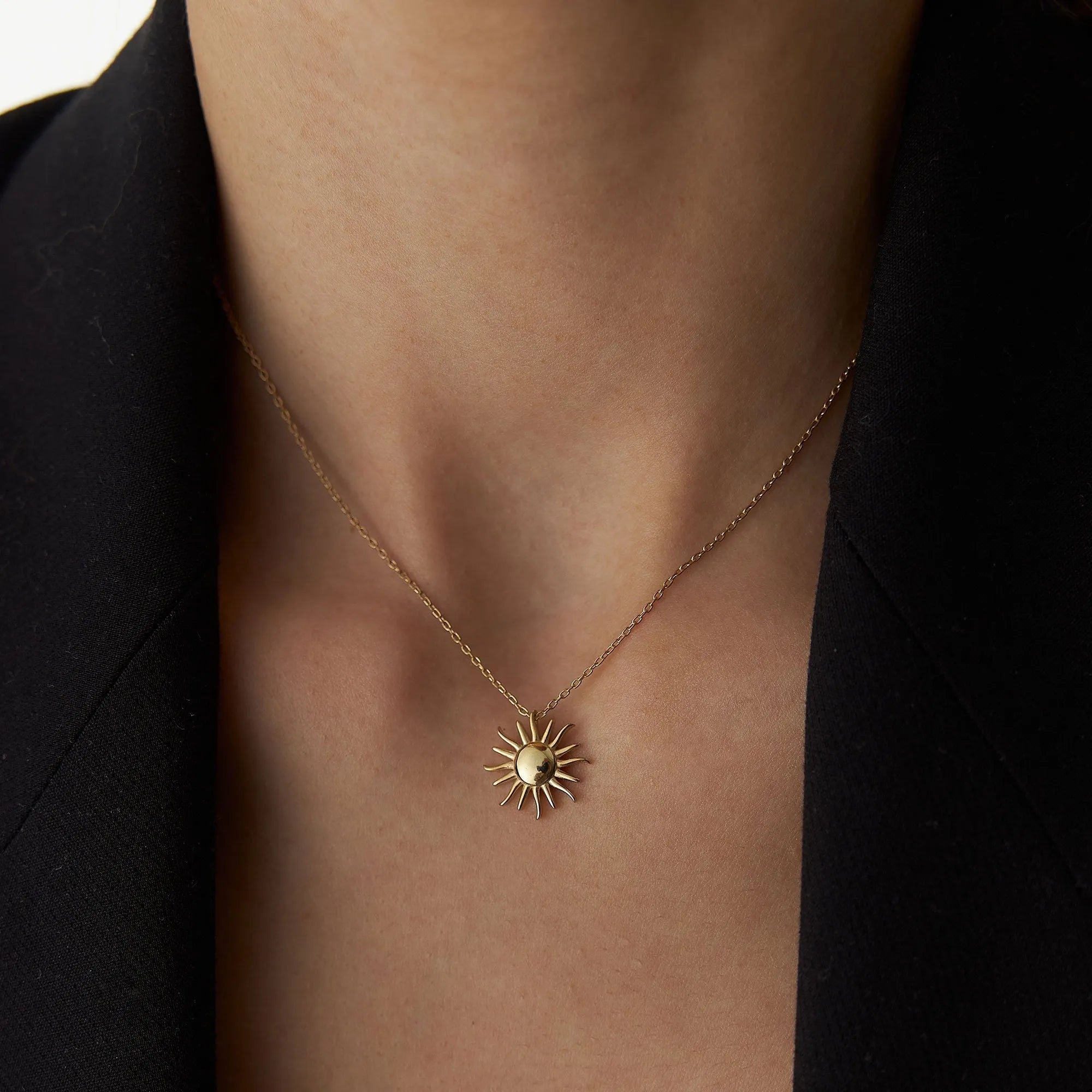 14k Solid Gold Glowing Sun Celestial Charm Pendant Necklace