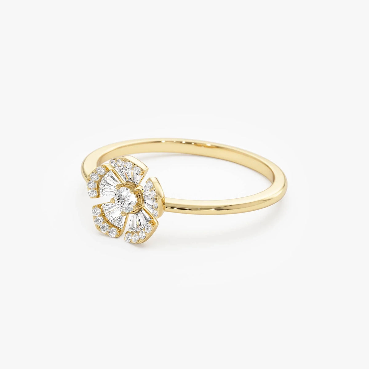 14k Gold 0.33 ctw Round and Baguette Diamond Floral Ring