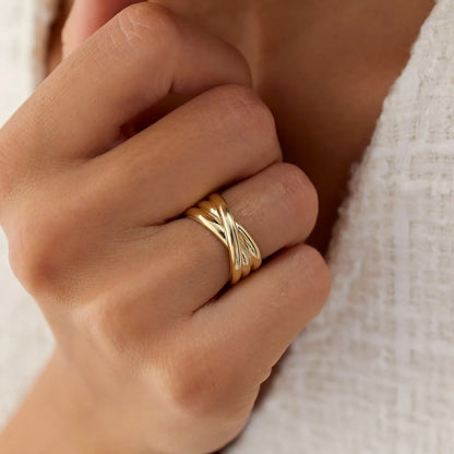 14k Solid Gold Multi Strand Crossover Wide Band Statement Ring