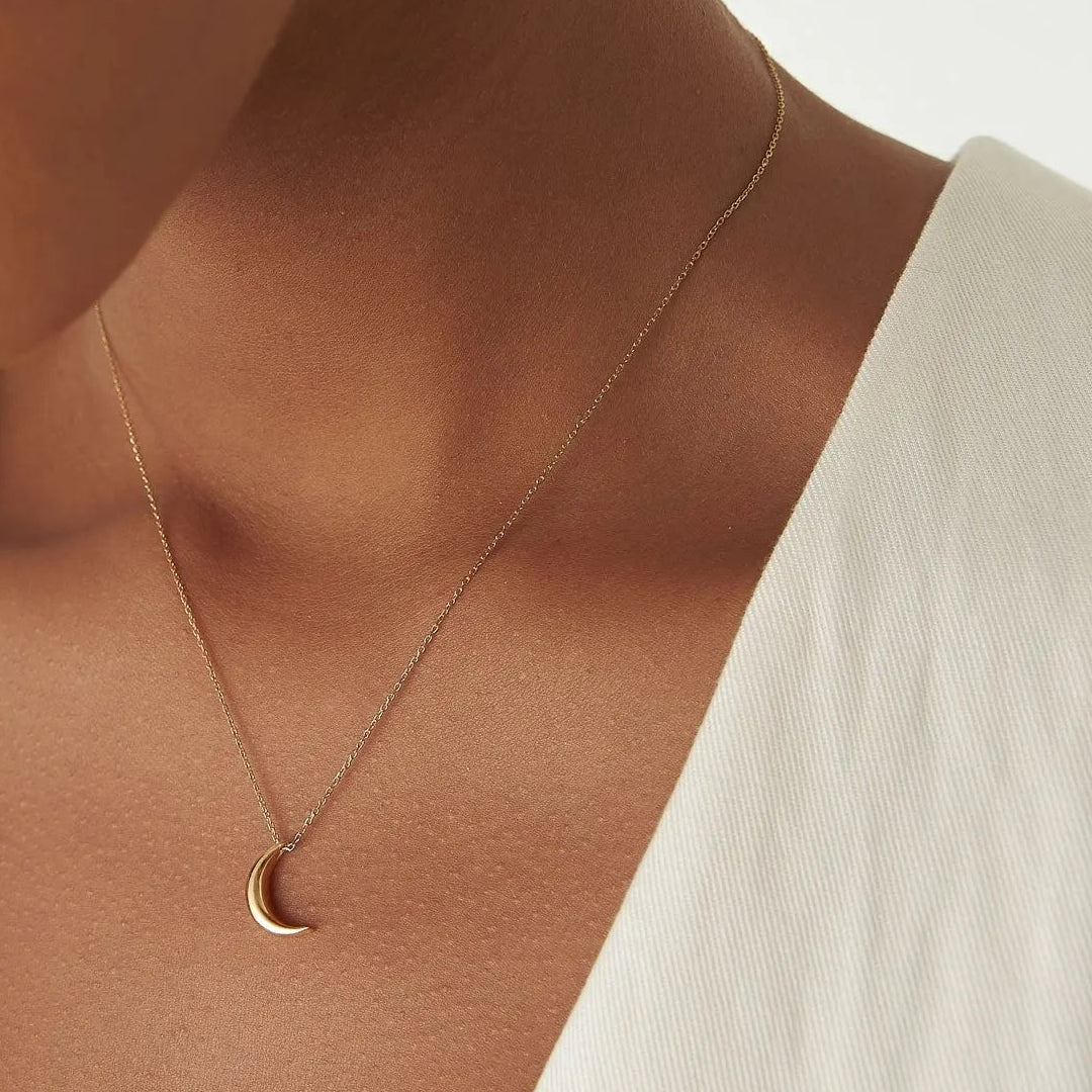 14k Solid Gold Half Moon Crescent Charm Pendant Necklace
