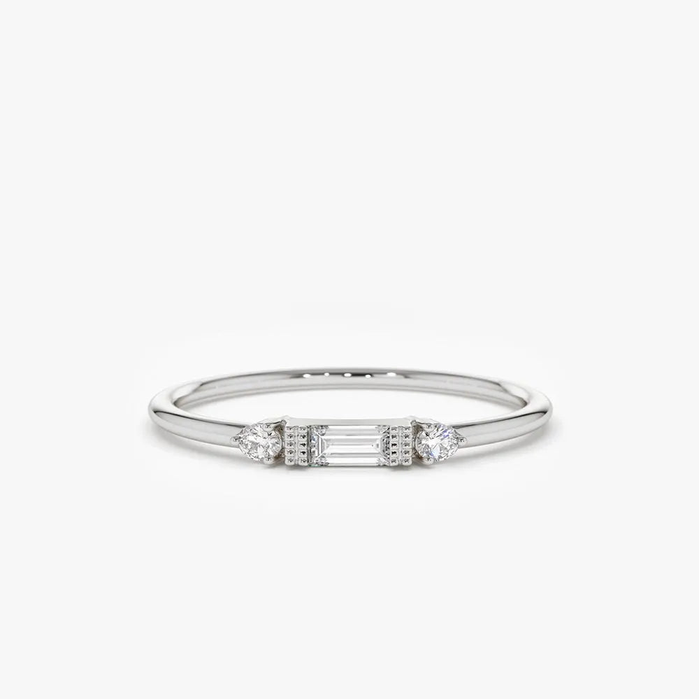 14k Solid Gold Baguette and Round Diamond 0.09ctw Horizontal Channel Set Ring