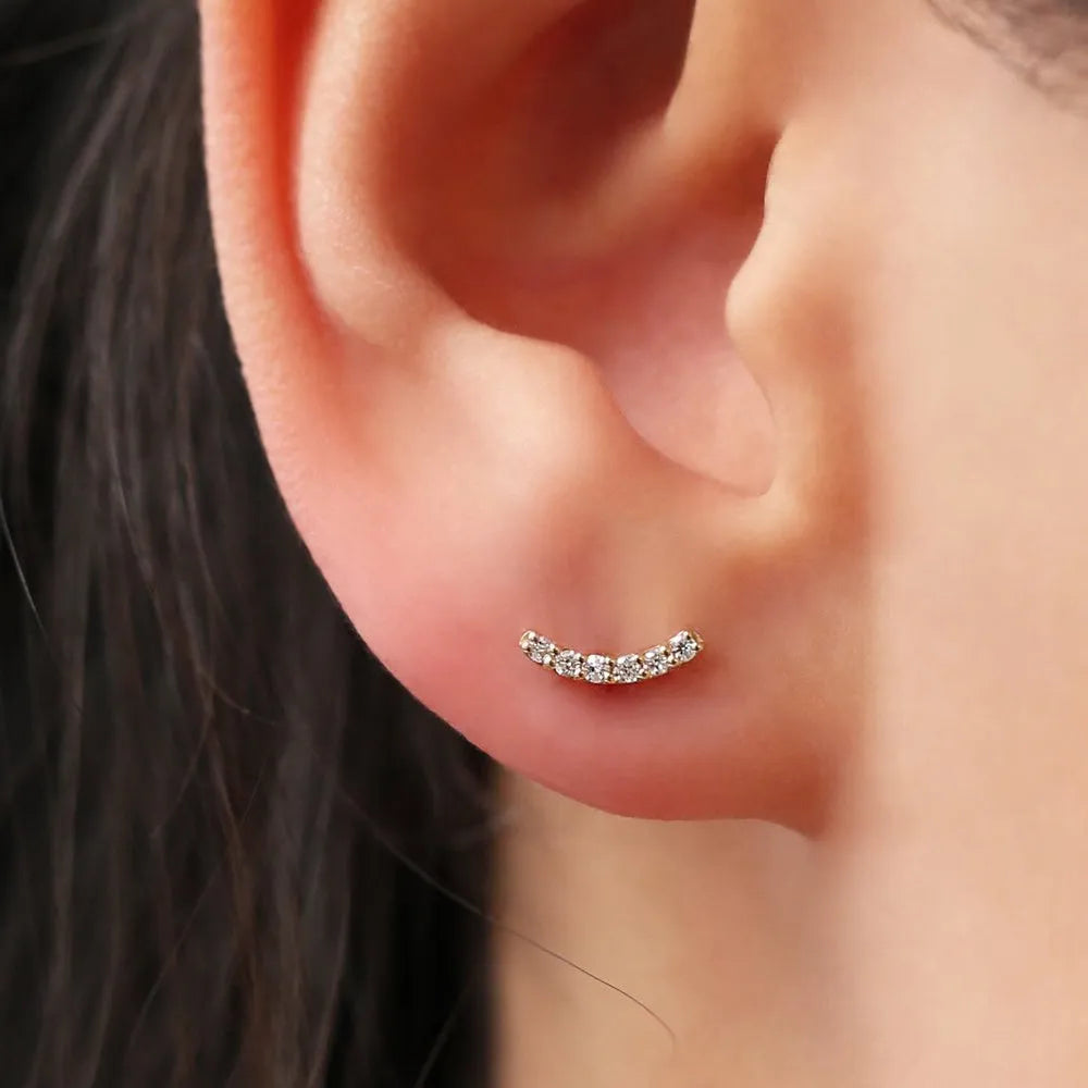 14k Gold Diamond Round Cut Curved Bar Stud Earrings Micro Pave 0.10 ctw