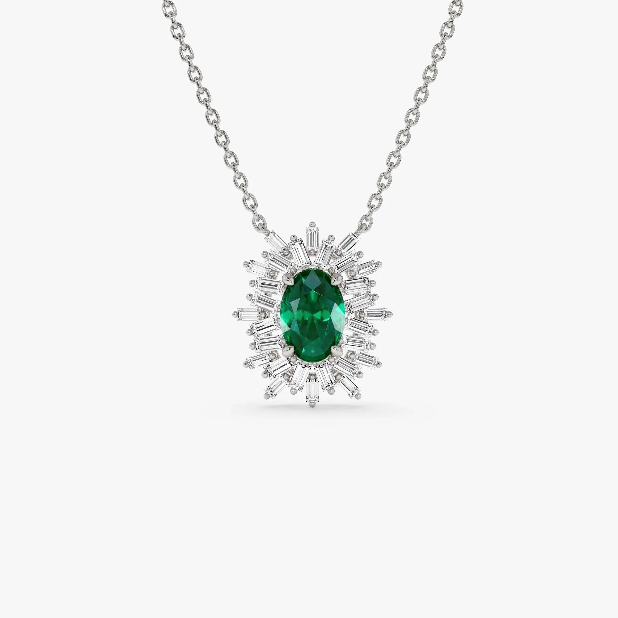 14k Solid Gold Oval Emerald 0.43 CTW and Baguette Diamond 0.28 CTW Ballerina Halo Pendant Necklace