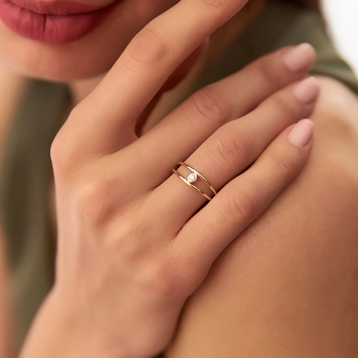 14K Solid Gold Round Diamond Double Band Bezel Set Solitaire Ring 0.07 Carat