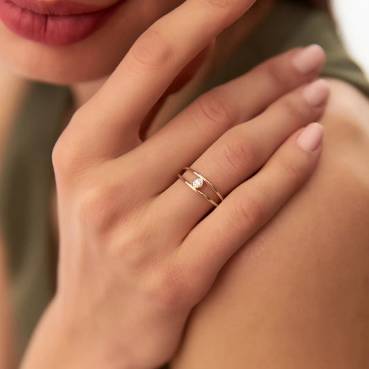 14K Solid Gold Round Diamond Double Band Bezel Set Solitaire Ring 0.07 Carat