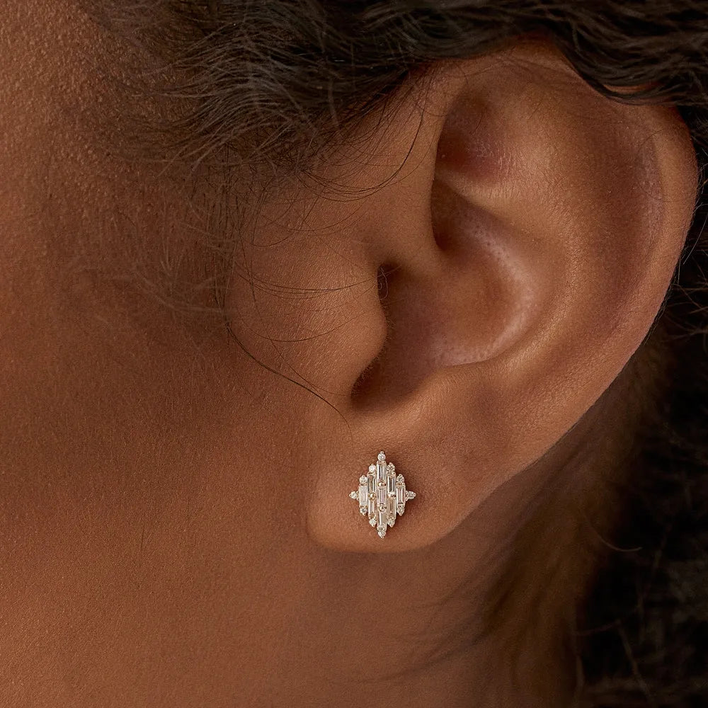 14k Gold Diamond Baguette and Round Cut Cluster Stud Earrings Prong Setting 0.45 ctw