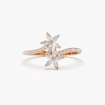 14k Gold 0.39 ctw Marquise and Round Diamond Flower Bypass Ring