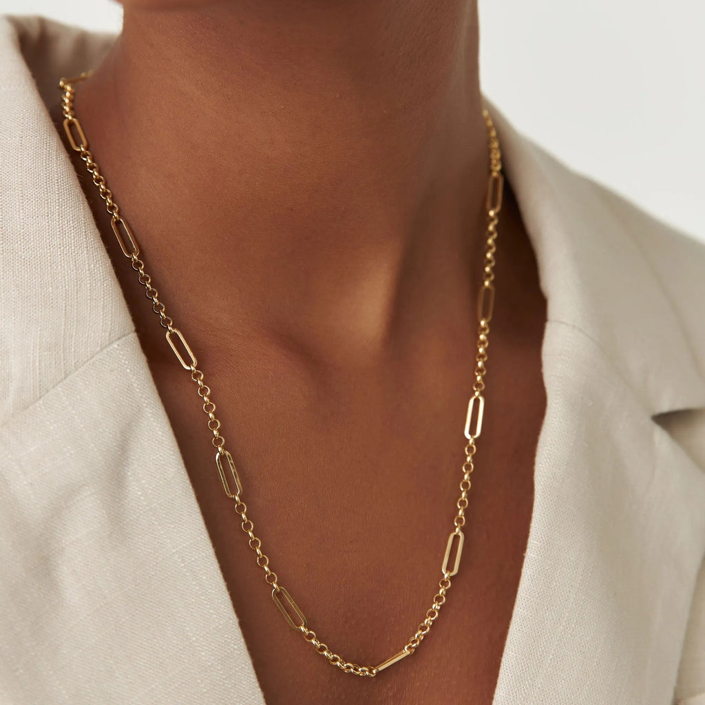 14k Solid Gold Rolo and Paperclip Mixed Link Chain Necklace