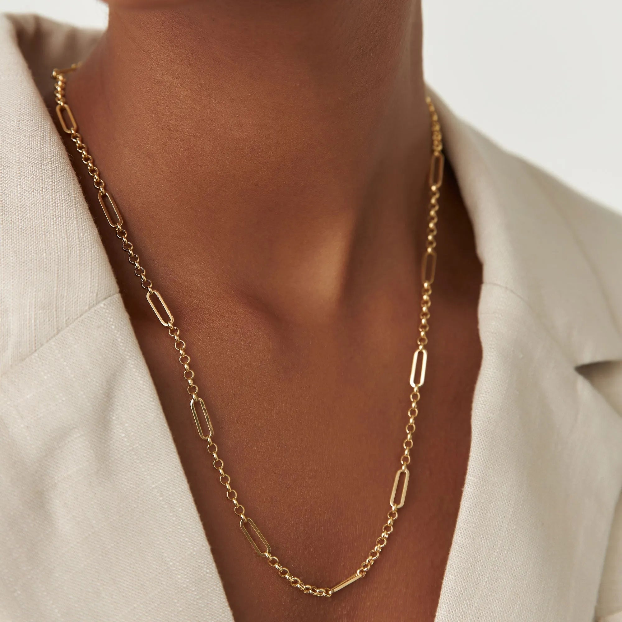 14k Solid Gold Rolo and Paperclip Mixed Link Chain Necklace