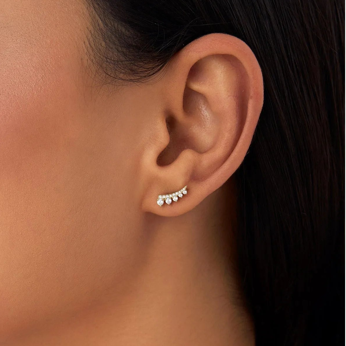 14k Gold Diamond Round Cut Graduating Ear Climber Stud Earrings 0.31 ctw