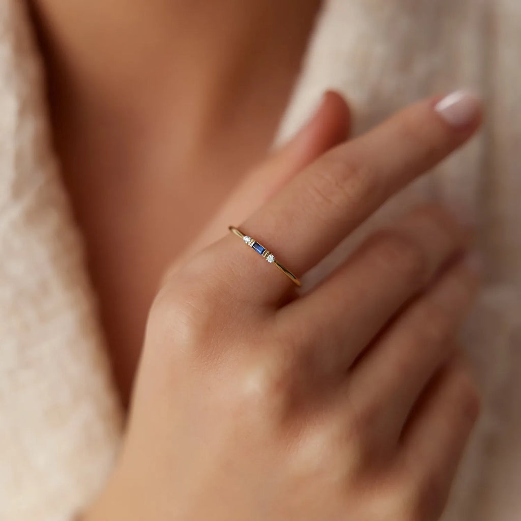 14k Gold Blue Sapphire and Diamond Baguette Cut Ring 0.384 ctw