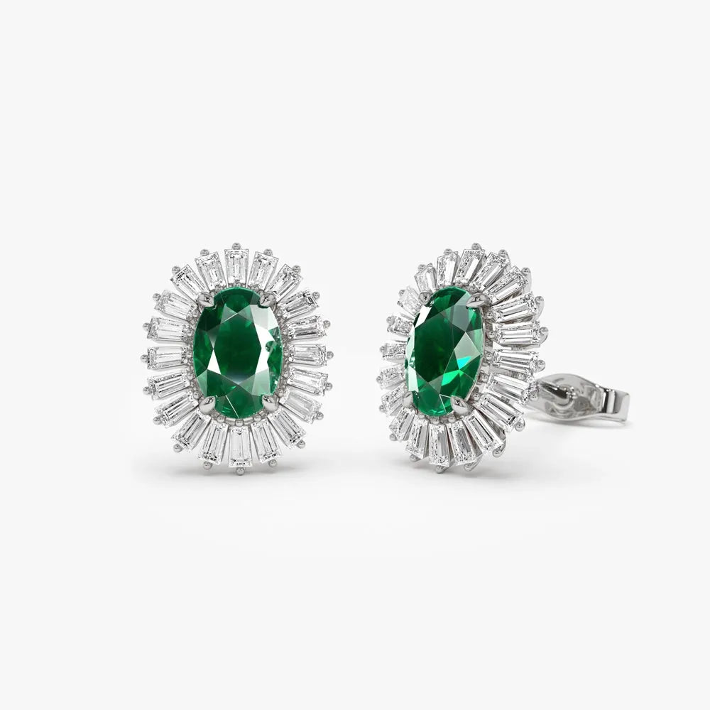 14k Solid Gold Oval Emerald and Baguette Diamond Ballerina Stud Earrings 1.30 ctw