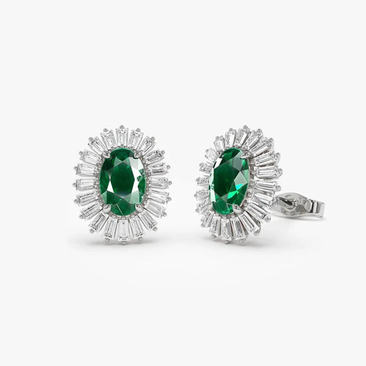 14k Solid Gold Oval Emerald and Baguette Diamond Ballerina Stud Earrings 1.30 ctw
