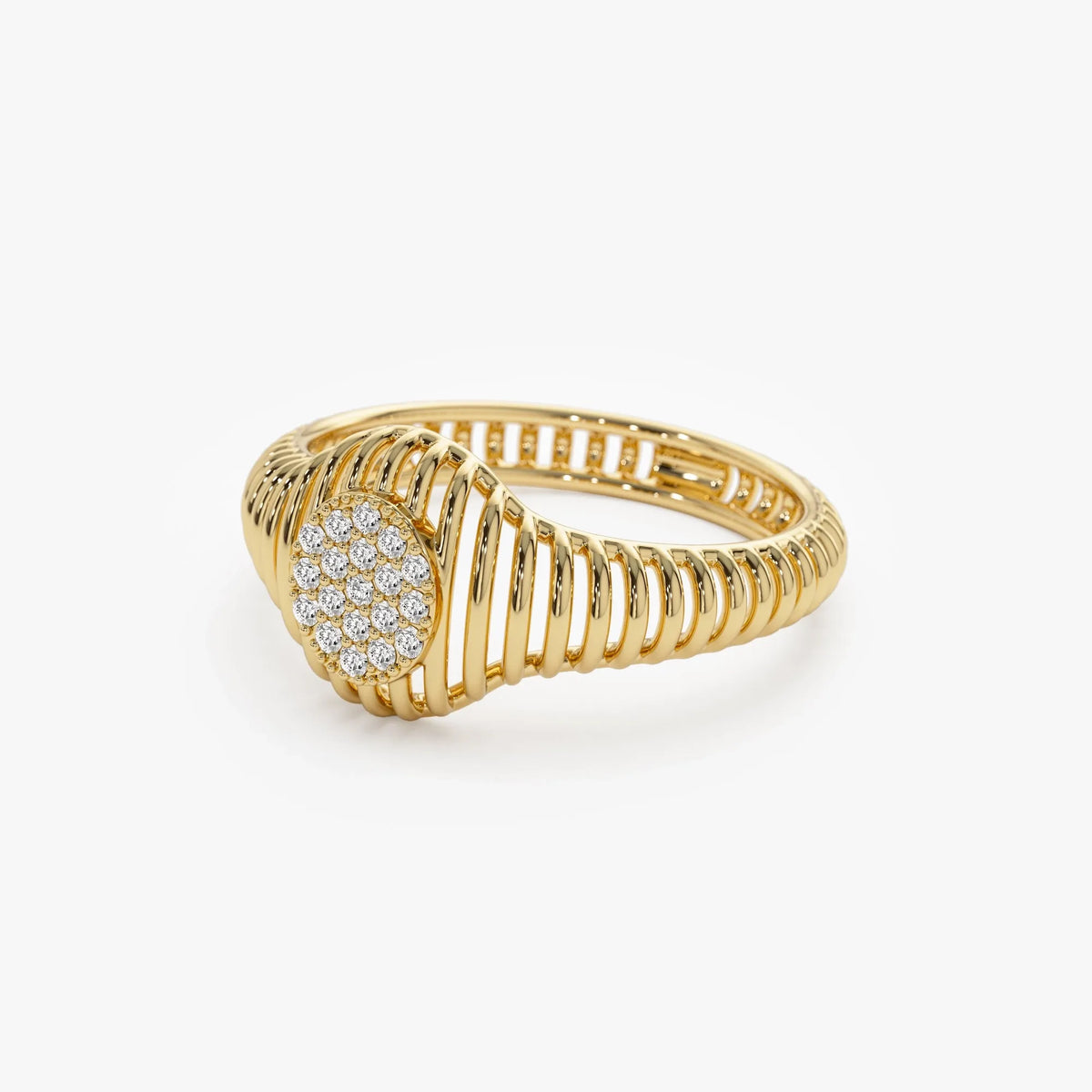 14K Solid Gold Round Diamond 0.10 Carat Ribbed Oval Signet Ring