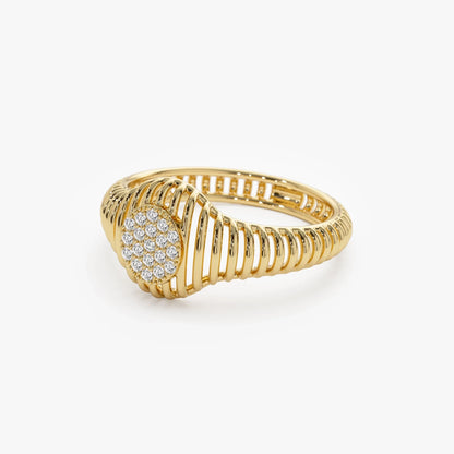 14K Solid Gold Round Diamond 0.10 Carat Ribbed Oval Signet Ring