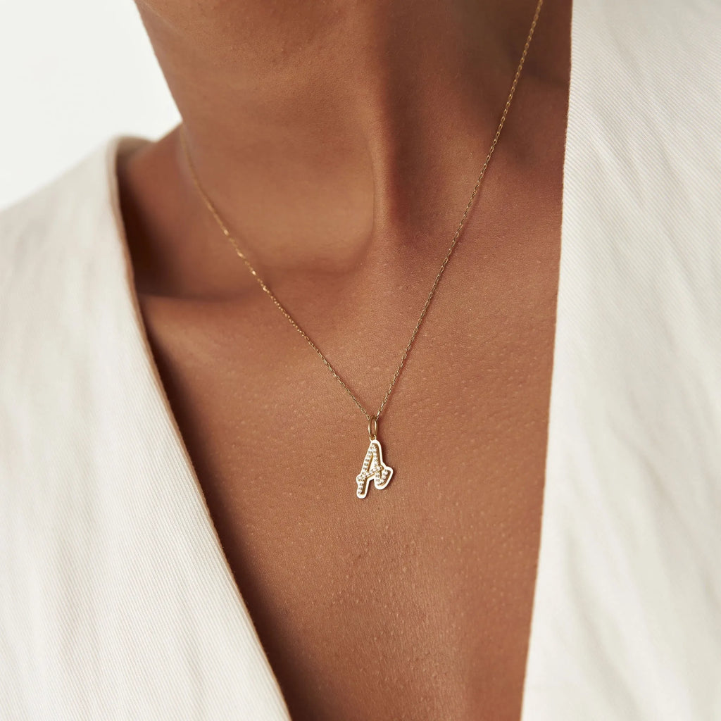 14K Solid Gold 0.15 CTW Round Diamond Script Font Initial Layered 3D Necklace