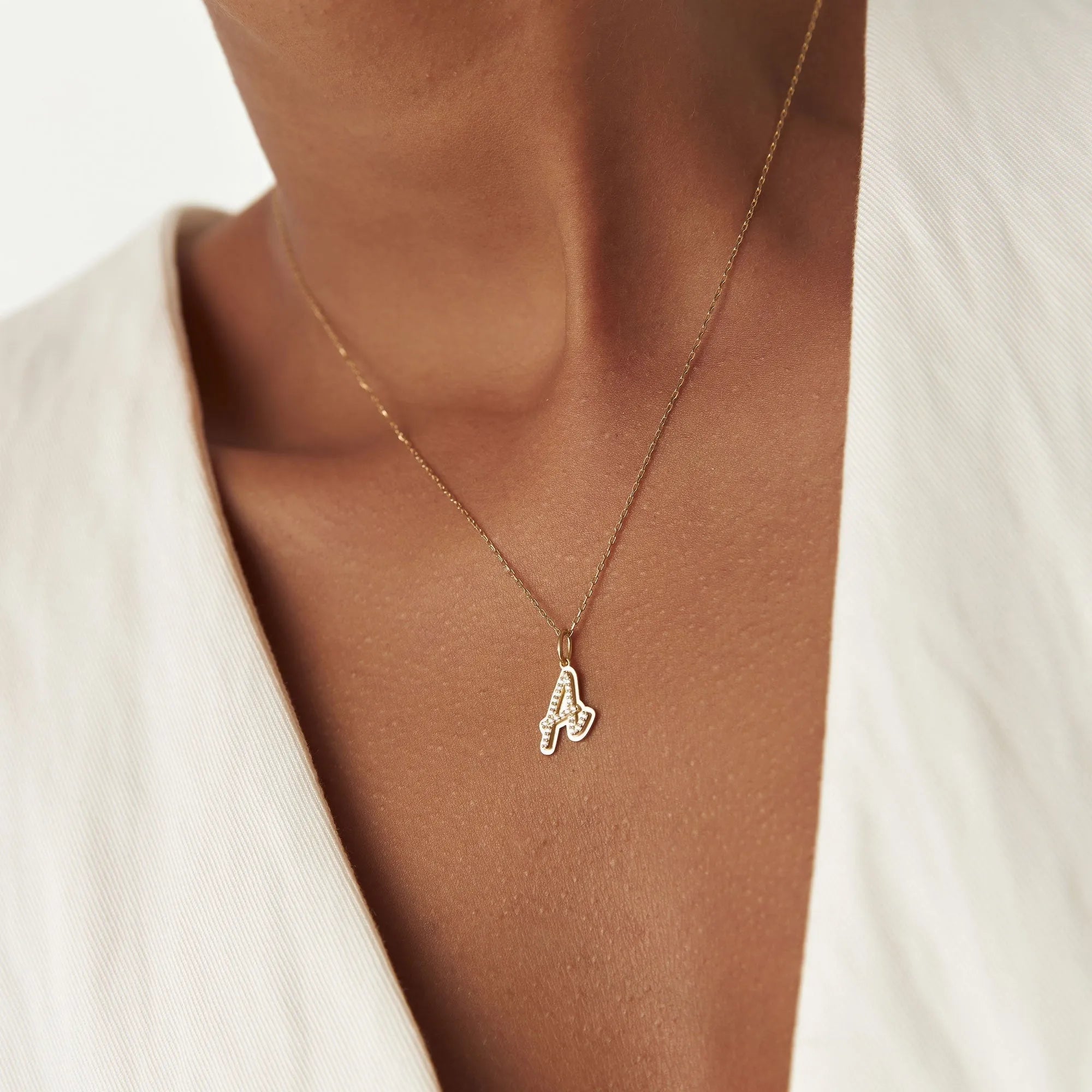 14K Solid Gold 0.15 CTW Round Diamond Script Font Initial Layered 3D Necklace