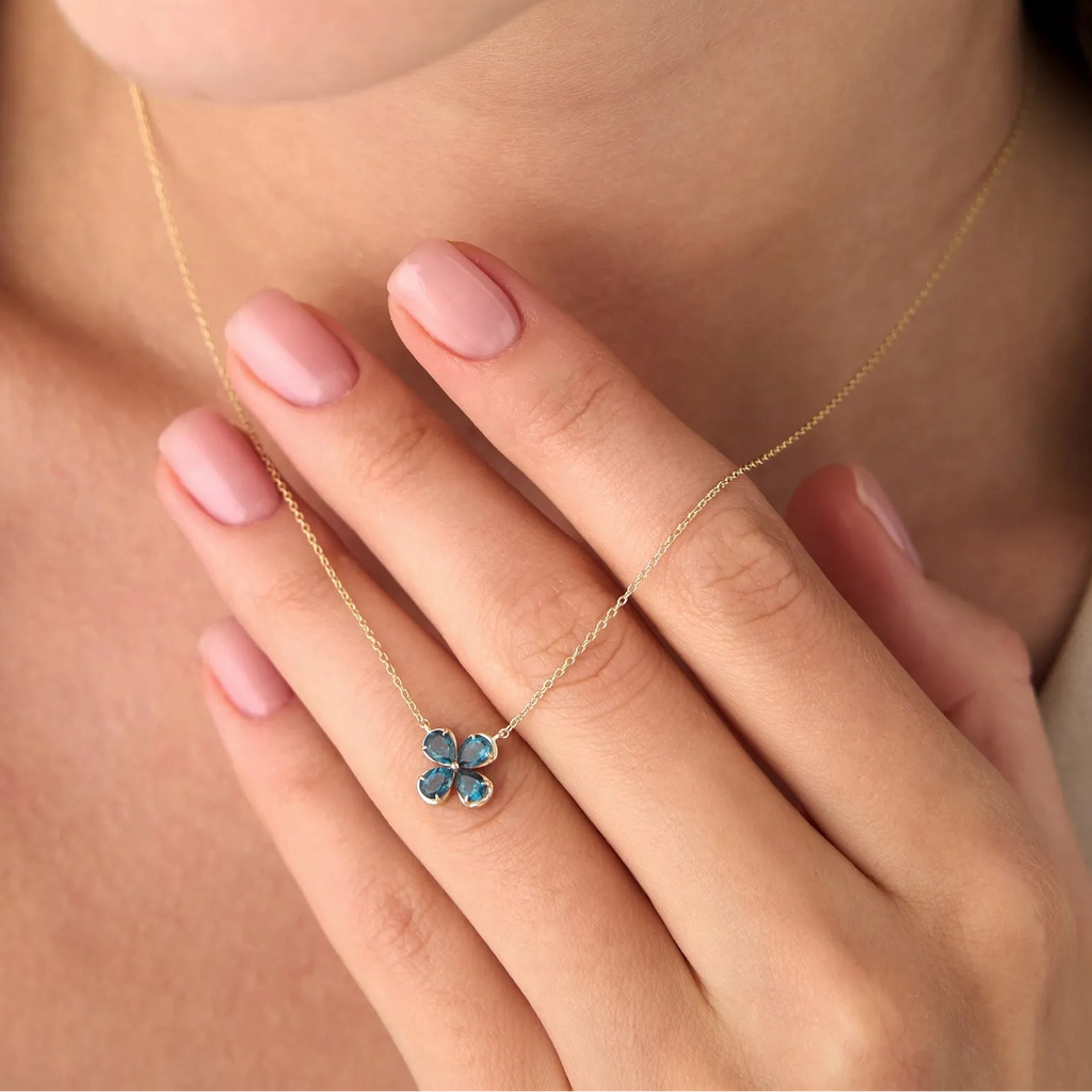 14k Solid Gold London Blue Topaz Pear Shaped Four Leaf Clover Necklace 0.80 Carat