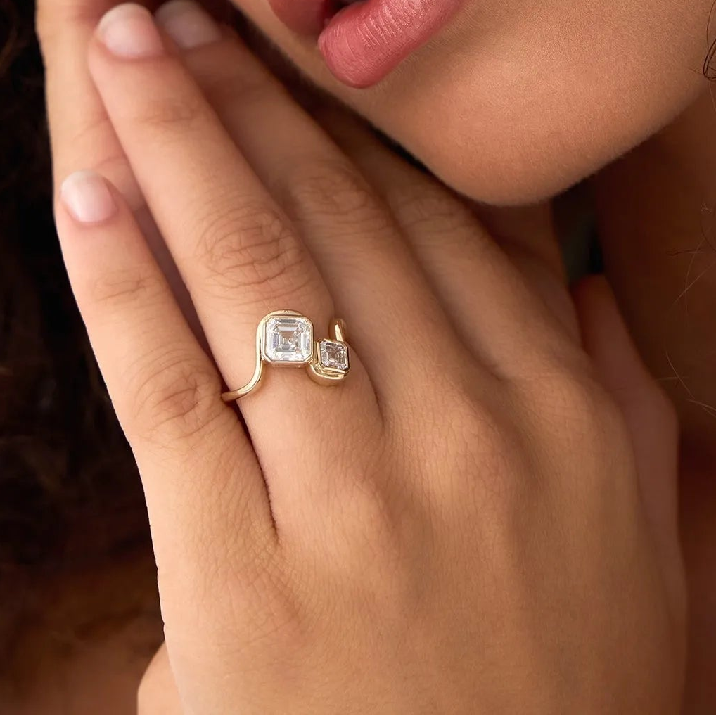 14k Gold 2.10 Ctw Lab Grown Diamond Asscher and Round Bezel Set Toi et Moi Ring