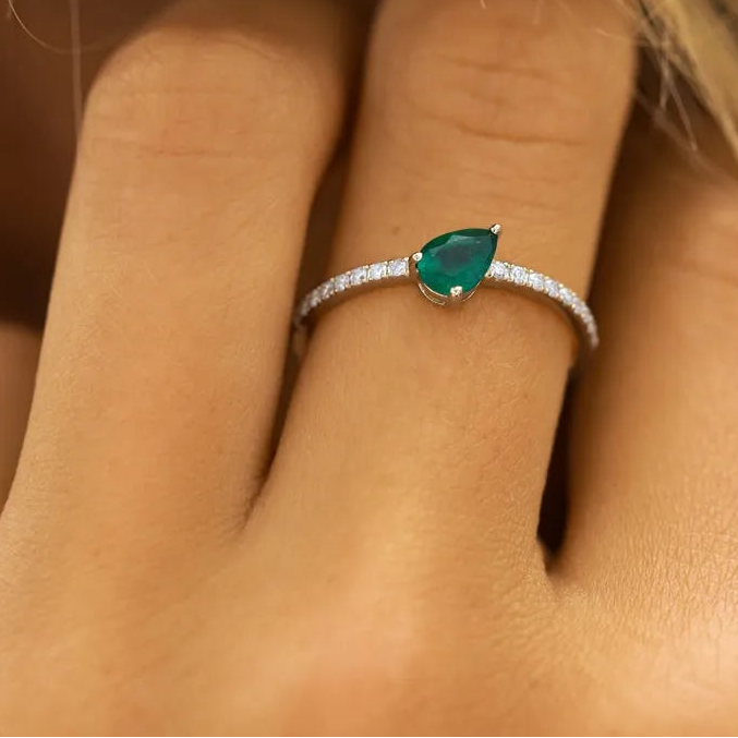 14K Solid Gold Slanted Pear Emerald and Round Diamond Pave Ring 0.50 CTW Handcrafted Jewelry