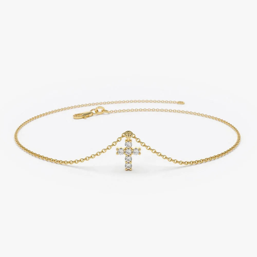 14K Solid Gold Round Diamond Cross Charm Bracelet 0.07 Carat