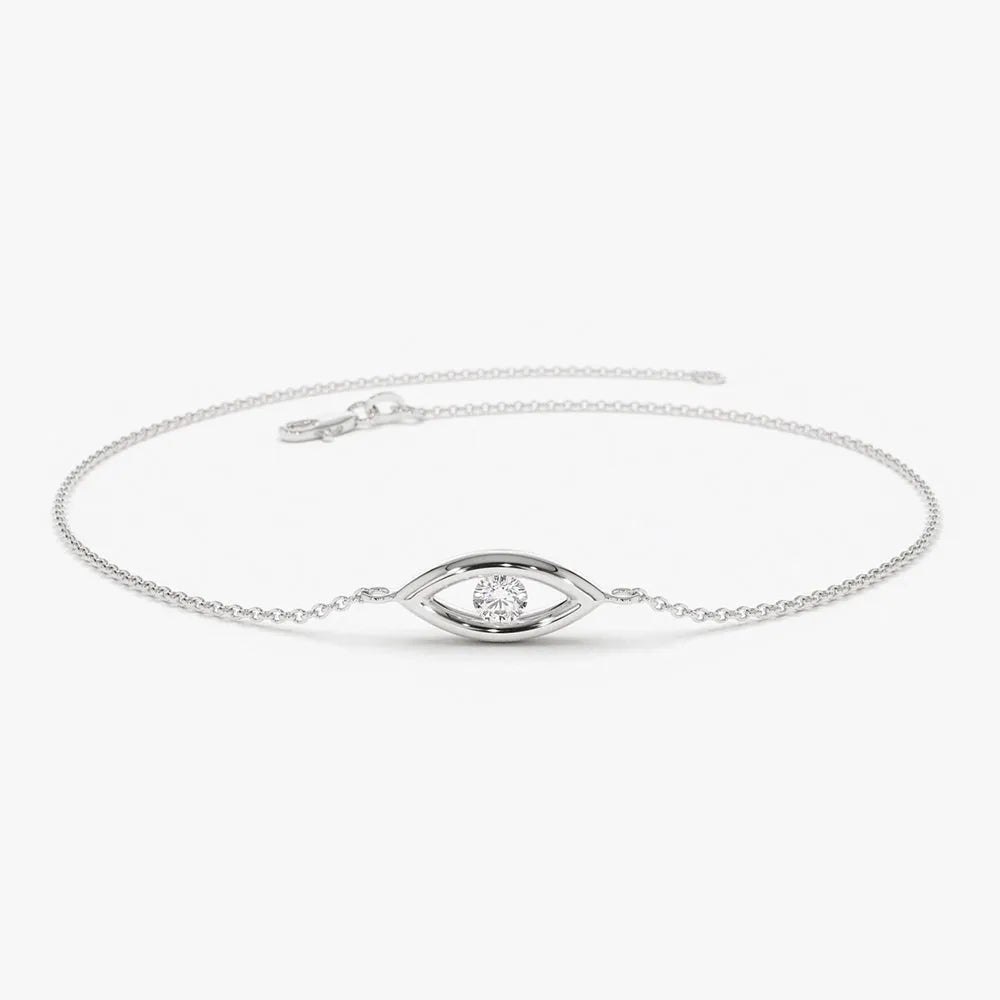 14K Solid Gold Round Diamond Evil Eye Bracelet Channel Setting 0.08 Carat