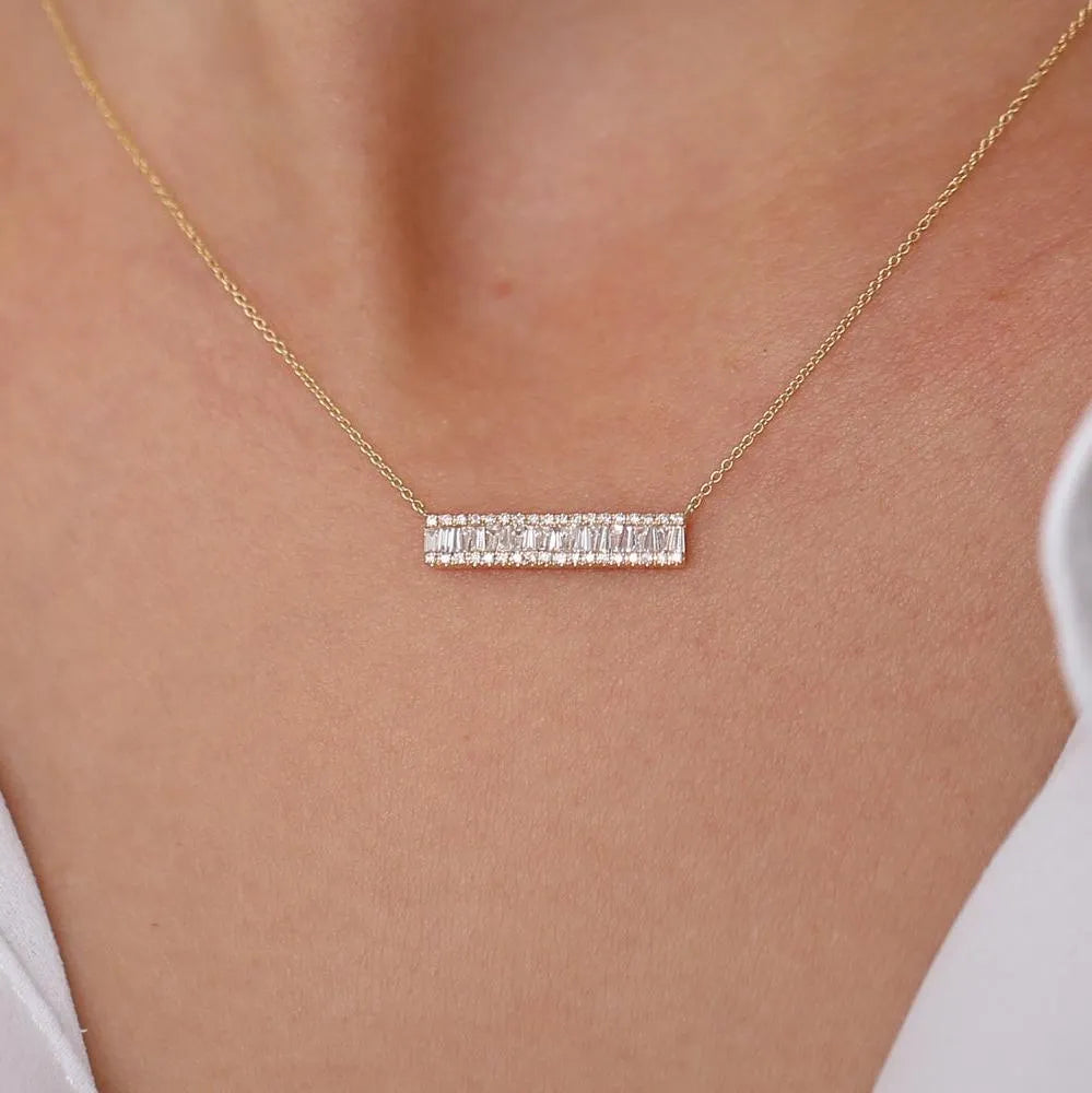 14K Solid Gold Baguette and Round Diamond Horizontal Bar Necklace 0.50ctw