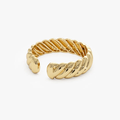 14k Solid Gold 5mm Rope Textured Open Cuff Band Ring