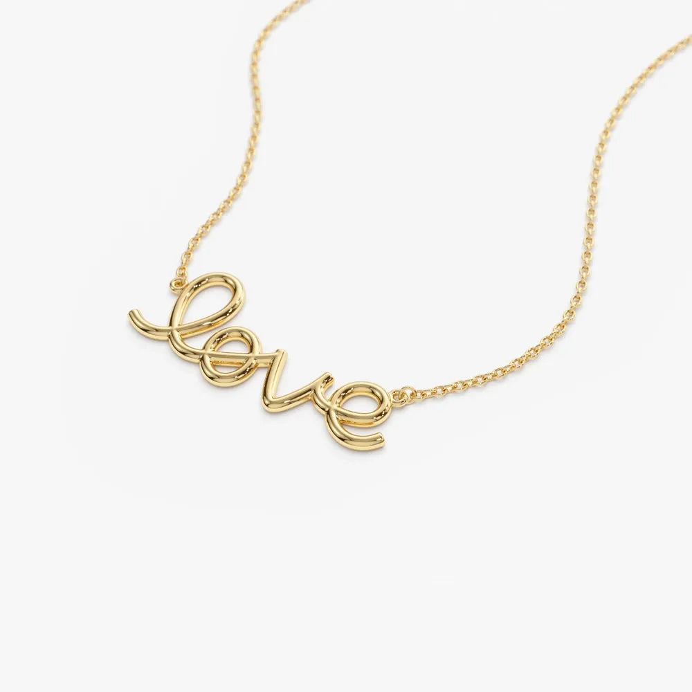 14k Solid Gold Wire Script Love Word Pendant Necklace