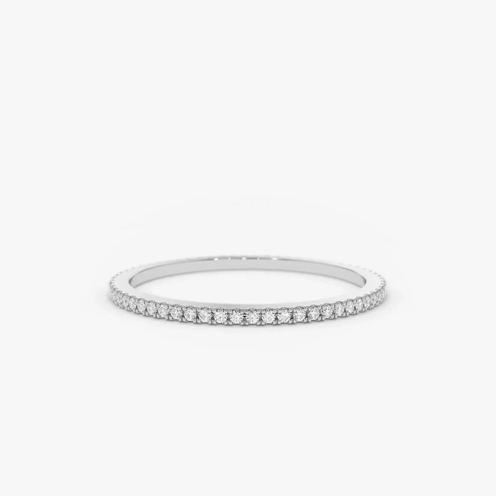 14K Gold Round Diamond 1mm Ultra Thin Micro Pave Eternity Wedding Band Stackable