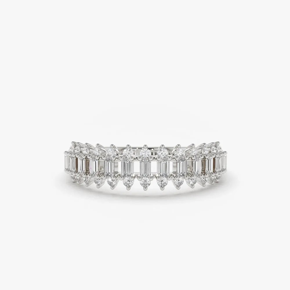 14K Solid Gold Baguette and Round Diamond Prong Set Band Ring 0.56 ctw