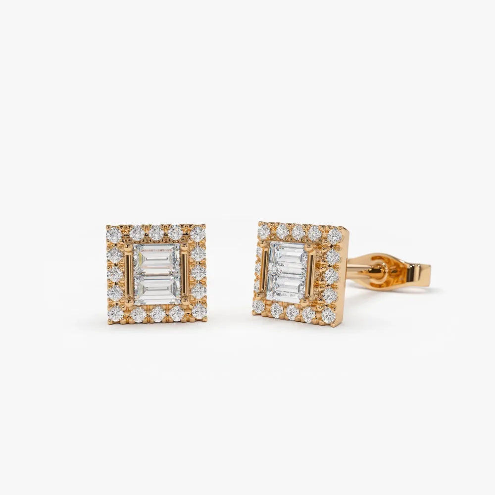14k Gold Diamond Baguette and Round Cut Halo Setting Stud Earrings 0.25 ctw