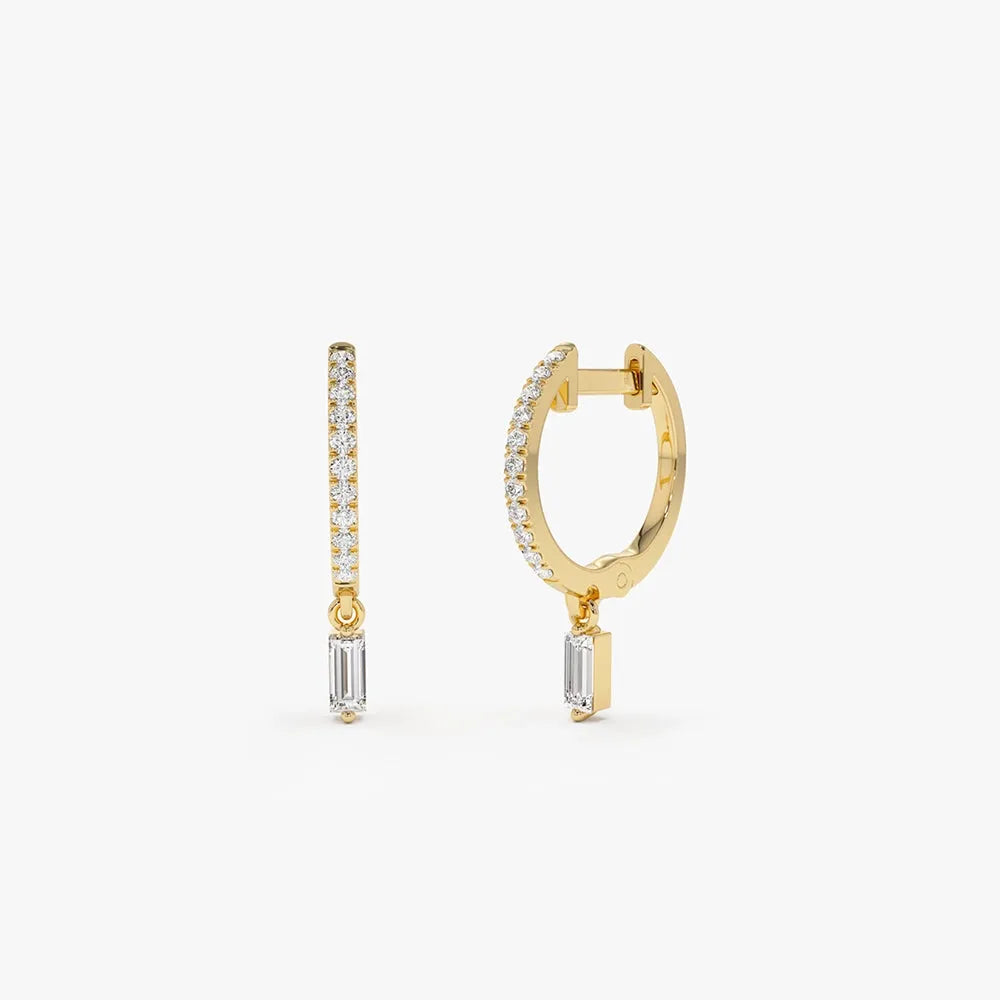 14k Gold Diamond Baguette and Round Cut Dangling Huggie Earrings Prong Micro Pave 0.27 ctw