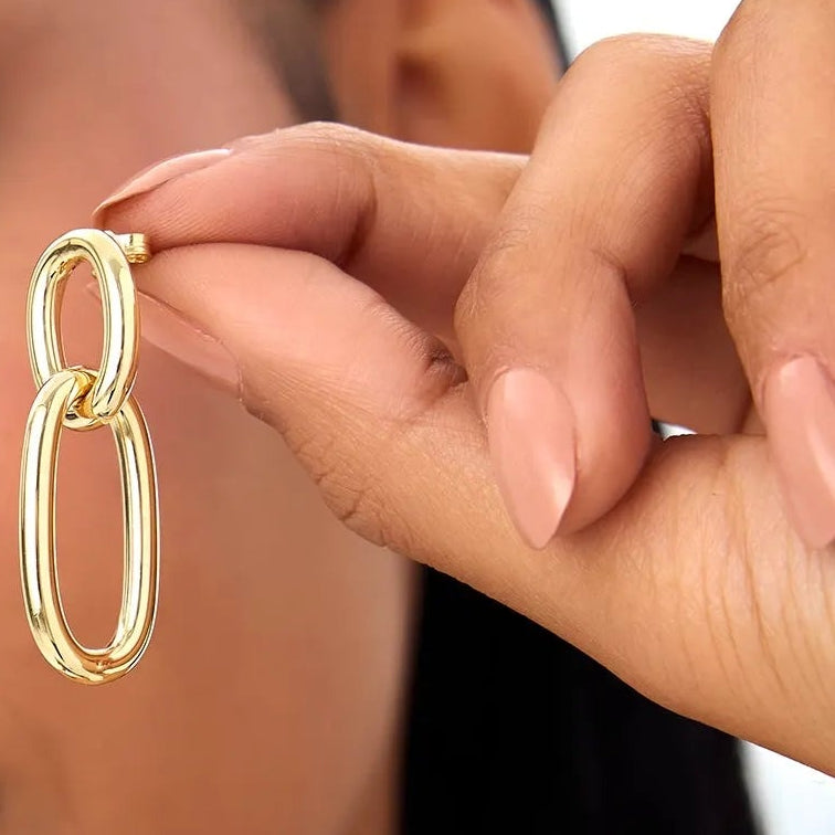 14k Yellow Gold Double Link Dangle Earrings Statement Drop Design 3mm Width